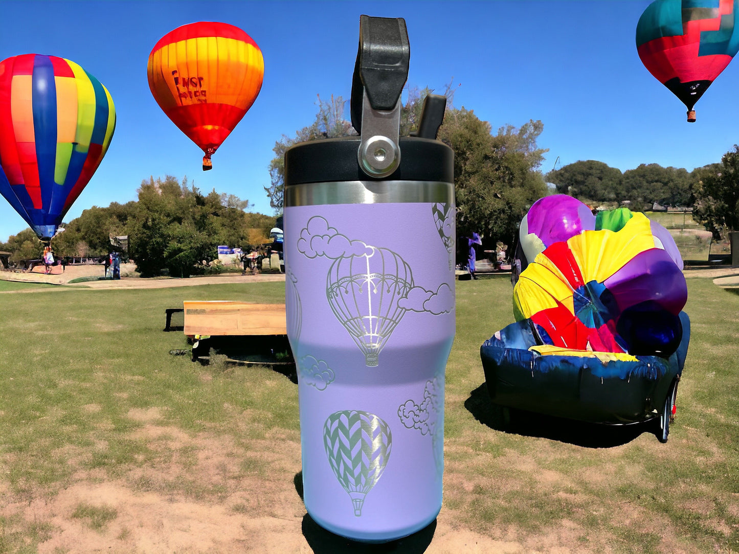 20 oz flip top lid Hot Air Balloons themed tumbler, gift for her, gift for him, coffee tumbler, free personalization, engraved tumbler gift