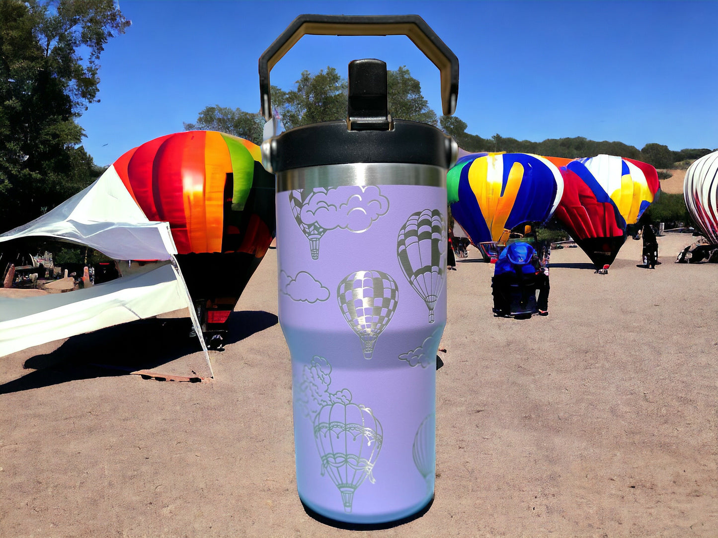 20 oz flip top lid Hot Air Balloons themed tumbler, gift for her, gift for him, coffee tumbler, free personalization, engraved tumbler gift