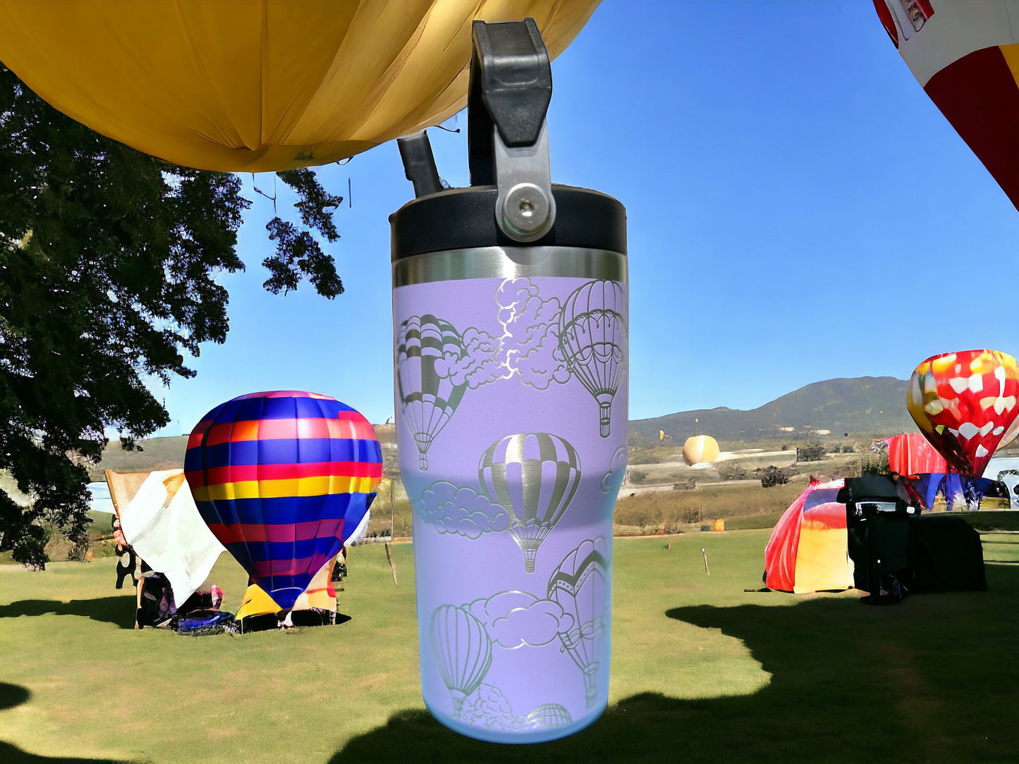 20 oz flip top lid Hot Air Balloons themed tumbler, gift for her, gift for him, coffee tumbler, free personalization, engraved tumbler gift