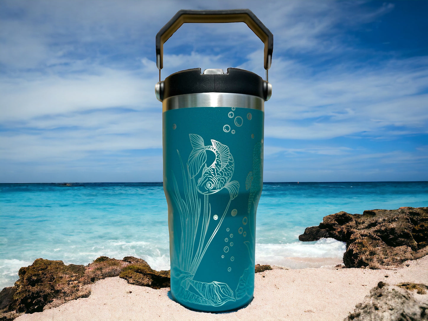 20 oz flip top lid Ocean Sea Life themed tumbler, gift for her, gift for him, coffee tumbler, free personalization, engraved tumbler gift