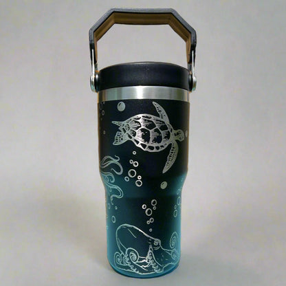 20 oz flip top lid Sea Turtle and Octopus themed tumbler, gift for her or him, coffee tumbler, free personalization, engraved tumbler gift