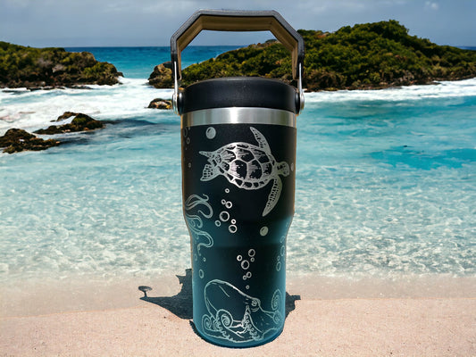 20 oz flip top lid Sea Turtle and Octopus themed tumbler, gift for her or him, coffee tumbler, free personalization, engraved tumbler gift