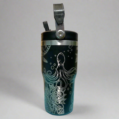 20 oz flip top lid Sea Turtle and Octopus themed tumbler, gift for her or him, coffee tumbler, free personalization, engraved tumbler gift