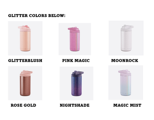 Collection of colorful water bottles with glitter and matte finishes on a white background.